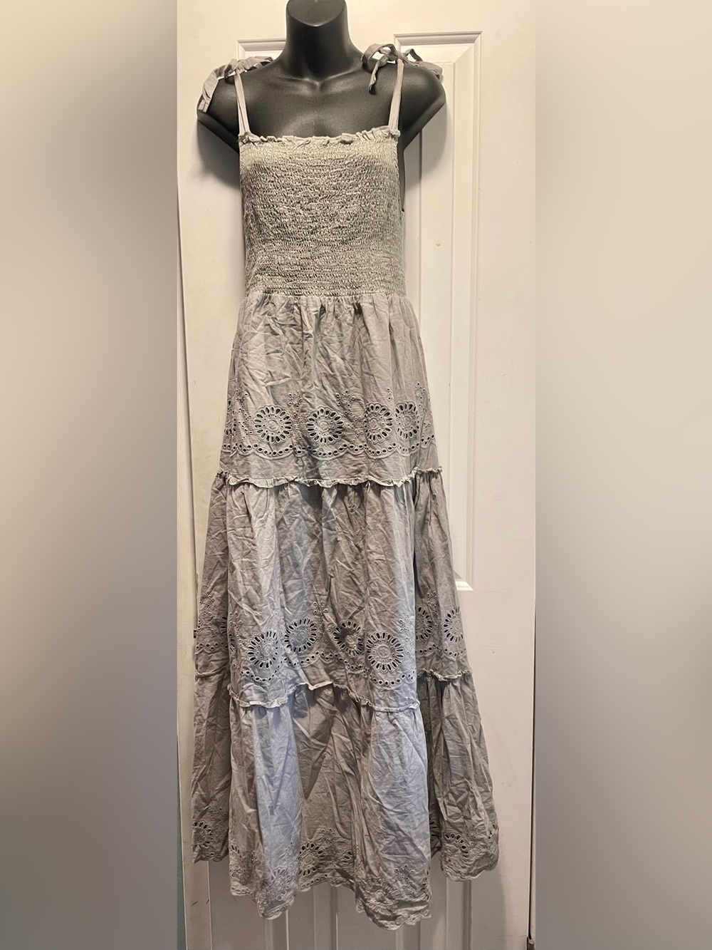 Black Tape 100% cotton Eyelet Tiered Maxi Skirt in Light Gray